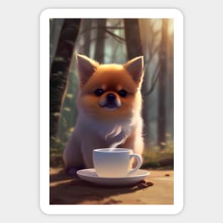 Pomeranian with a mug cup of morning coffee Sticker